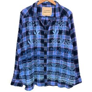 James Bryan Blue Purple Embroidered Boho Plaid Button Up Shirt Size XL